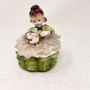 Vintage Ceramic Girl Figurine in Green Dress trinket box